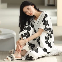 pajamas womens summer cotton short sleeved cropped pants two piece suit new style can be worn outside student home thin clothes