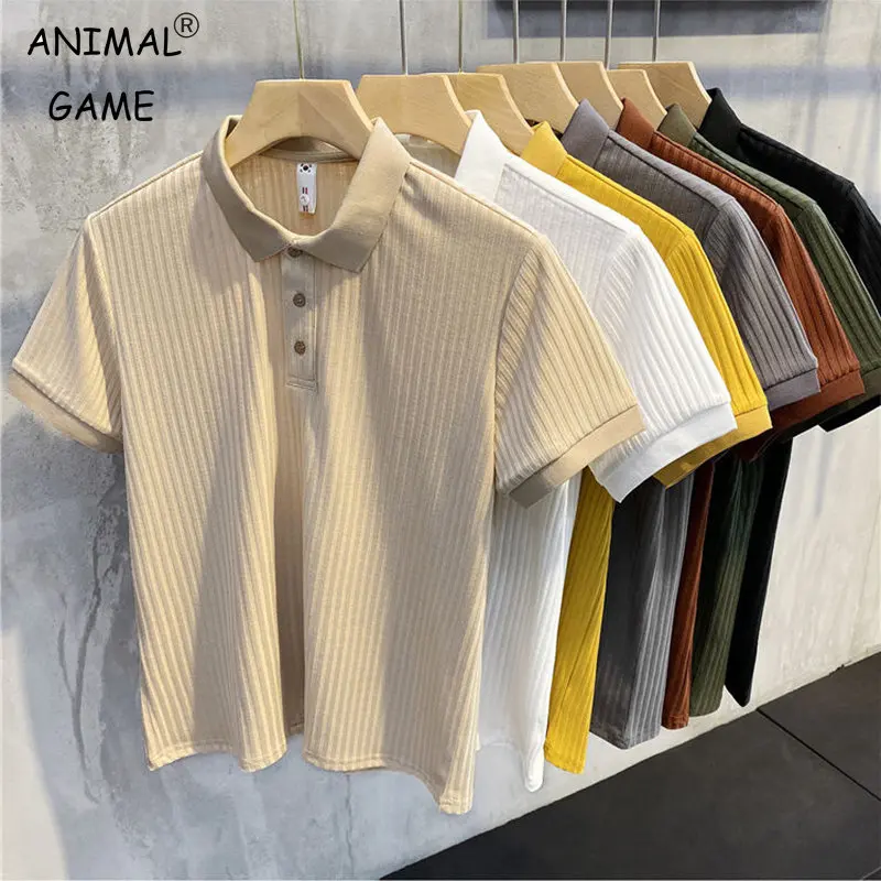 

New Solid Color Turn-Down Collar Summer Men's Button Oversized T-shirt Short Sleeved Strip Korean Tops 5XL