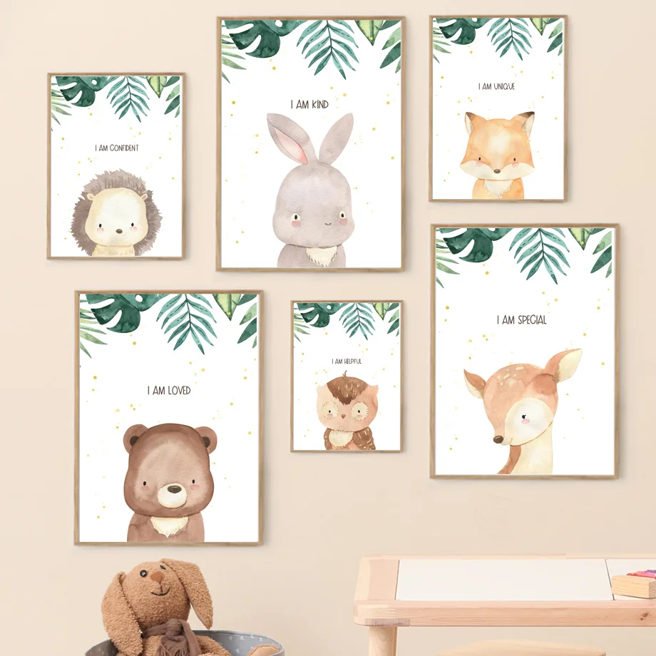 

Fox Rabbit Bear Hedgehog Cartoon Animals Palm Leaves Wall Art Canvas Painting Nordic Posters And Prints Wall Pictures Kids Room