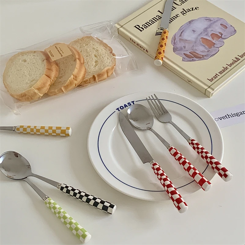 Kitchen Dinnerware Checkerboard Lattice Glossy Ceramic Handl