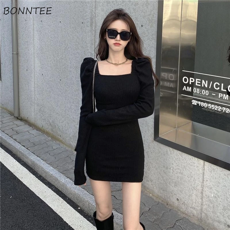 

Женские пикантные облегающие крутые Универсальные однотонные платья с пышными рукавами и квадратным вырезом высокая эластичность модные ...