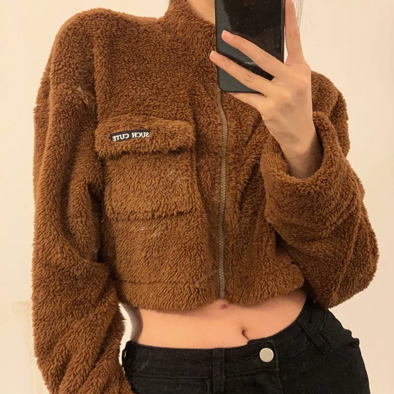 Fuzzy Fur Jacket Fleece Teddy Coat Female Autumn Winter Coat Crop Tops Korean Long Sleeve Warm Brown Tweed  Zipper Jakcets Y2k
