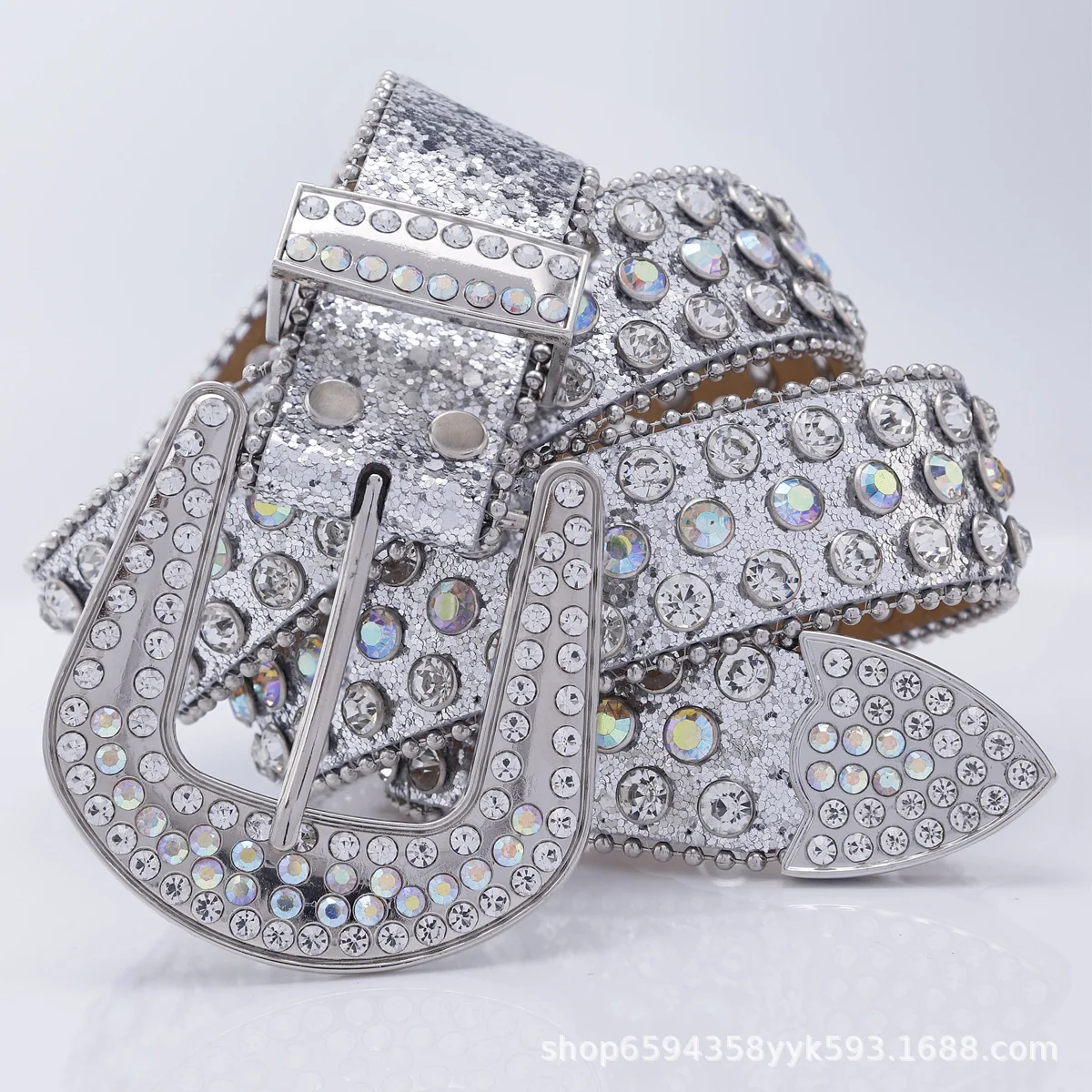

White sequin women's belt, fashionable and versatile jeans with diamond belt
