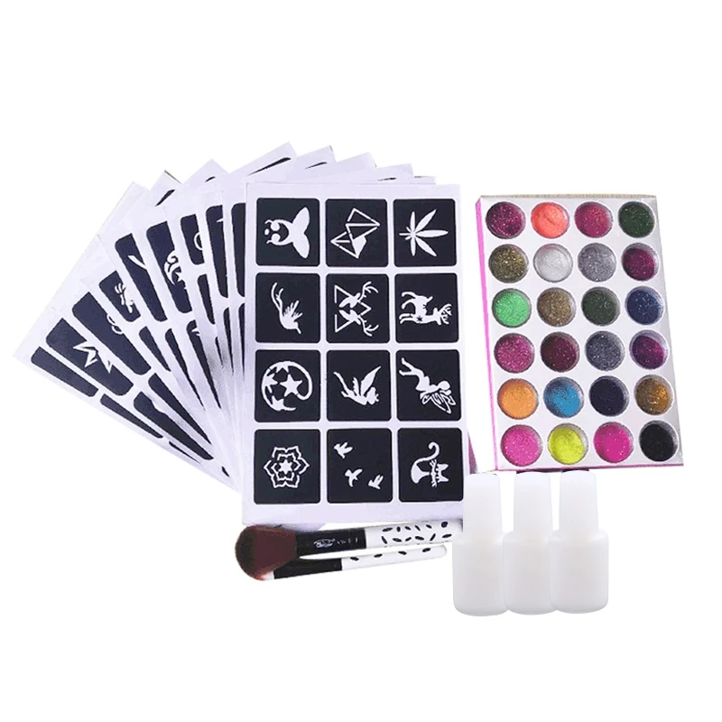 

New Glitter with 24 Colors Powder 10 Stencils 3 Glue 2 Brushes