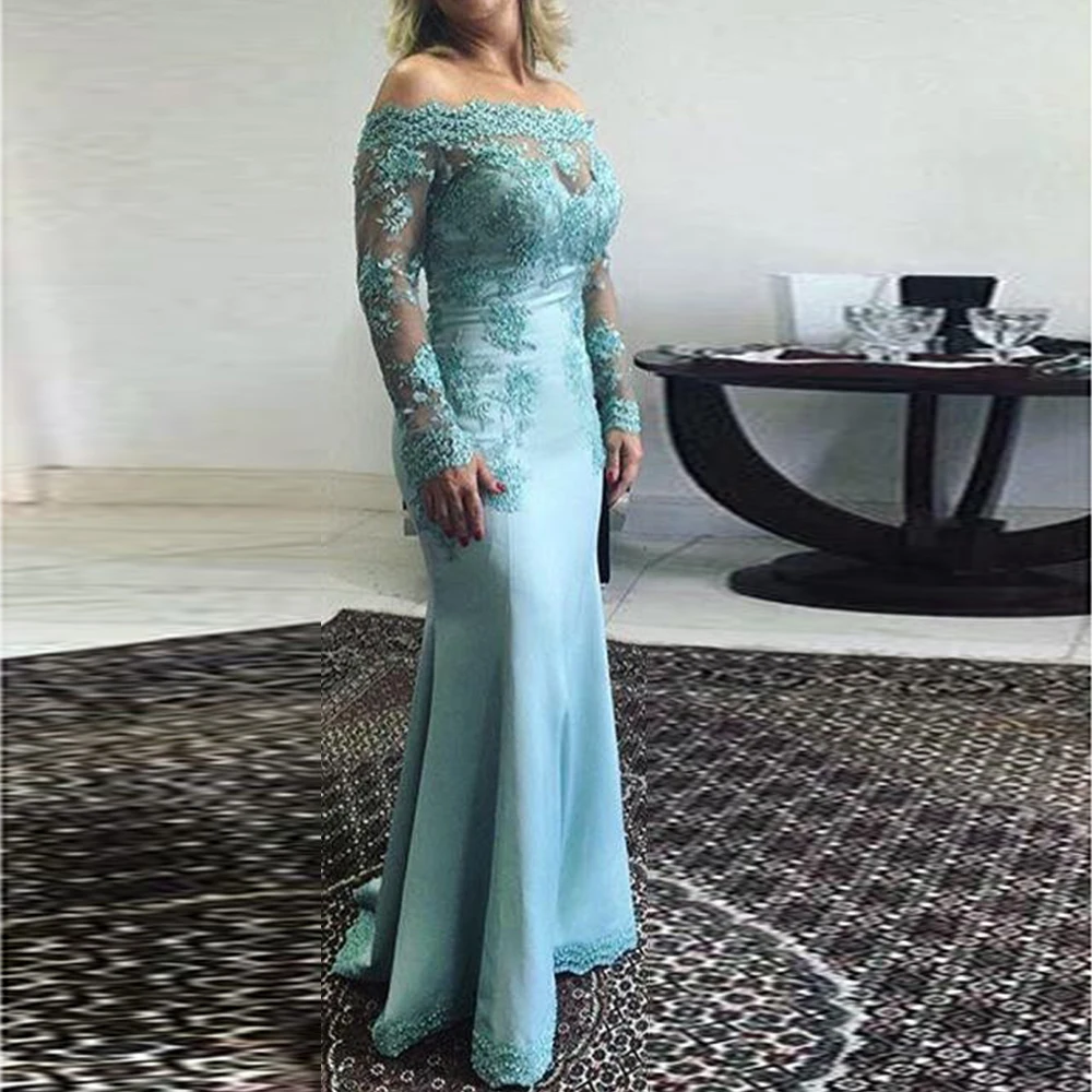 

Mermaid Wedding Guest Gowns Long Sleeves Sweep Train Mother of the Bride Dress Off the Shoulder Applique Illusion Evening Dress
