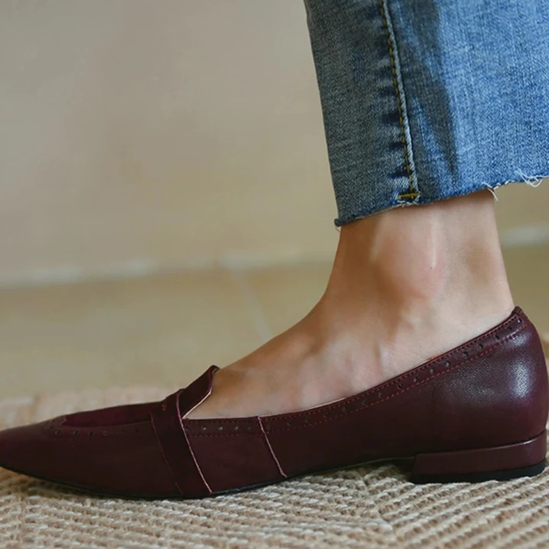 Women Flat Shoes Suede Pointy Leisure Lefu Retro Low Top PU Square Head Shallow Mouth Solid Color Single Breathable