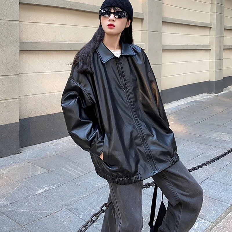 Korean Black Leather Jacket Women Winter Long Women's Moto Biker Zipper Jacket Streetwear Harajuku Y2K Loose Women's Coat pu