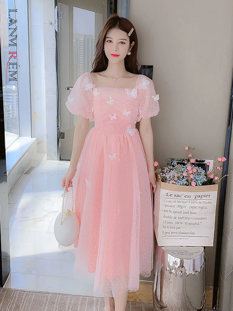 

LANMREM 2022 летнее газовое платье с рукавами-пузырьками для женщин, квадратный воротник, украшение в виде бабочки, женская свадебная одежда для ...