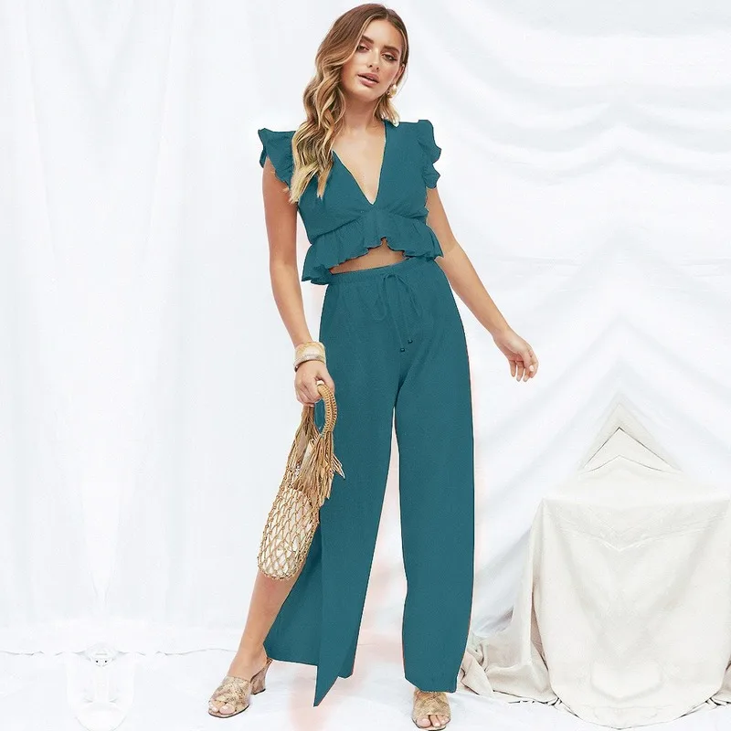 

2022 Summer All-match European and American Women's Sexy V-neck Ruffled Sleeveless Chiffon Blouse Split Wide Leg Pants Two-piece