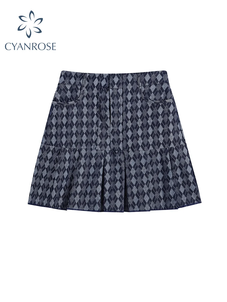 Женская джинсовая плиссированная мини-юбка с высокой талией трапециевидная