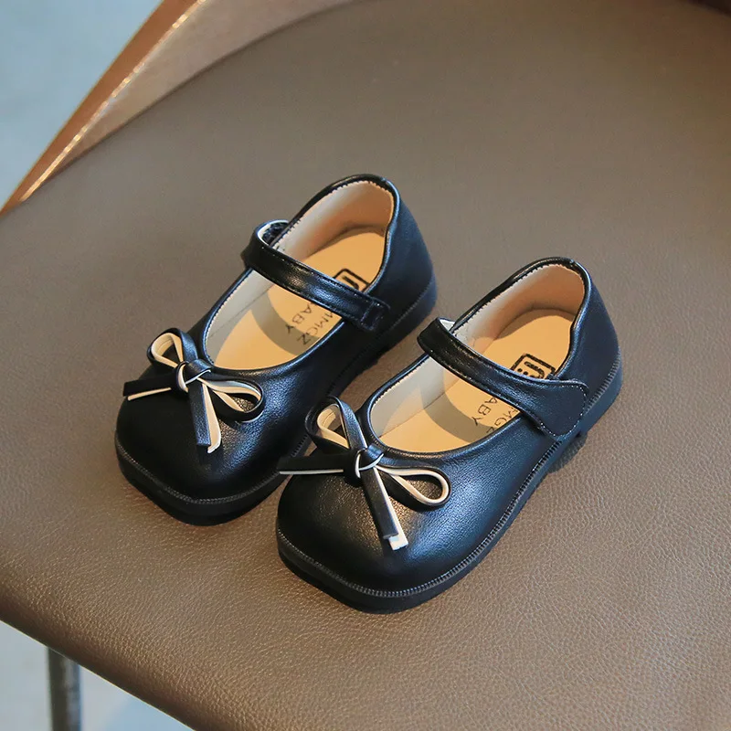 

Туфли для девочек черные из искусственной кожи, с бантом, весна 2022