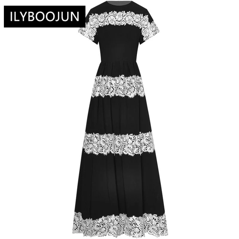 

Женское кружевное платье с коротким рукавом, черное винтажное длинное платье-трапеция с круглым вырезом и высокой талией, лето 2019