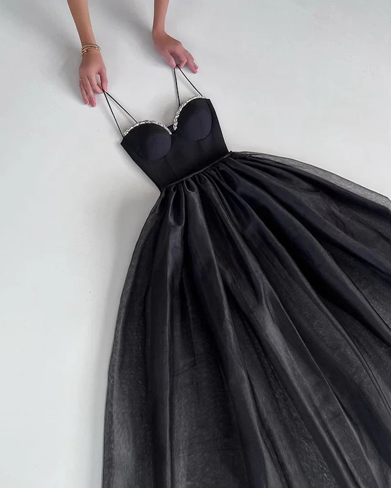 

Black A Line Prom Dresses For Women Spaghetti Straps Formal Party Vestidos De Gala Evening Robe De Soiree