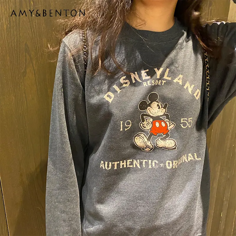 Retro Cartoon Letter Print Loose All-Matching Fashion Brand Pullover Tops for Ladies Autumn Winter Casual Sweatshirt Tops
