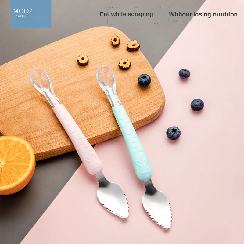 

Baby Double-headed Silicone Food Supplement Spoon Children‘s Stainless Steel Fruit Scraping Mud Spoon Feeding Tableware