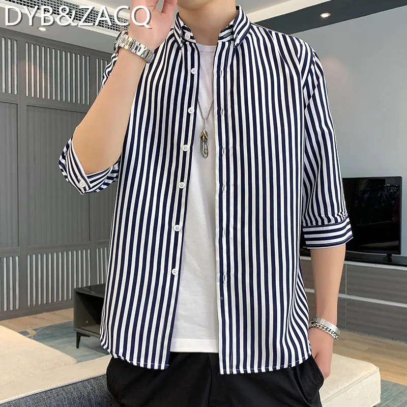 

DYB&ZACQ Short Sleeved Striped Shirts for Men Summer Thin Fashion Casual Fashion 5 and A Half Sleeve Top for Men Beach Shirt 4XL