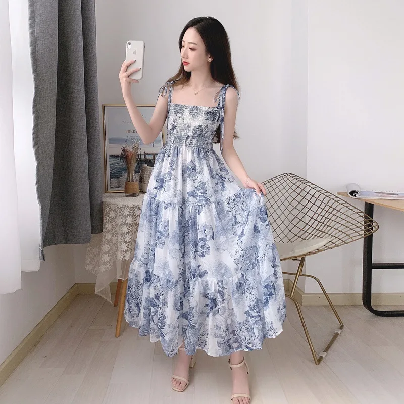 

Элегантные летние длинные платья для женщин 2022 на бретельках с цветочным принтом Бохо пляжное платье без рукавов с оборками ТРАПЕЦИЕВИДНОЕ...