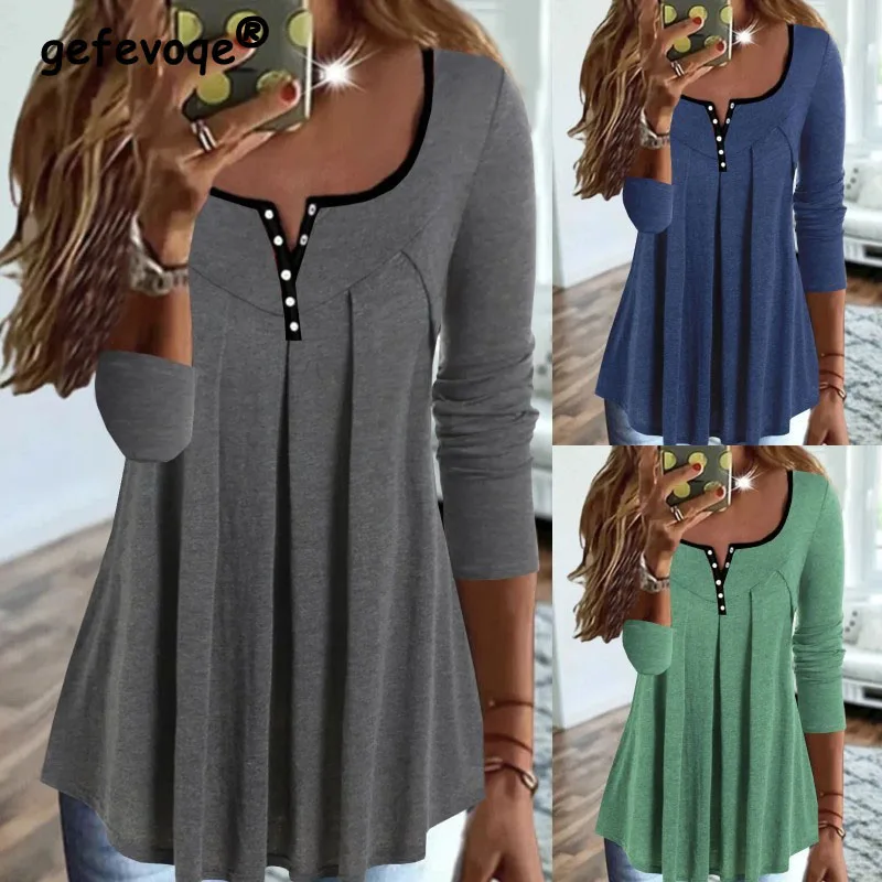 

Three Colors Square Collar Diamond Inlaid Button Design Long Sleeve Women Clothing Folding Leisure Daily Comfortable T-Shirts