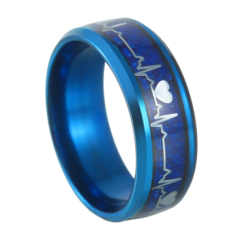 

Top Quality Fashion Love Heart ECG Design Fiber Rings Blue Black Stainless Steel Love Ring Couple Male Wedding Jewelry Gift