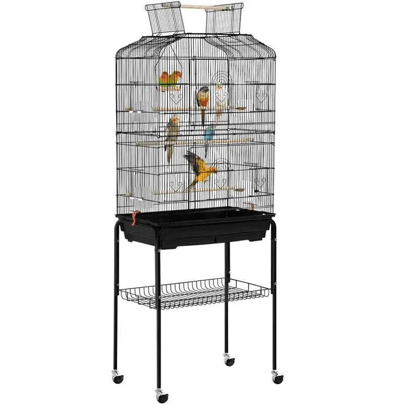 

67.5"H Metal Bird Cage Rolling Parrot Cage, Black