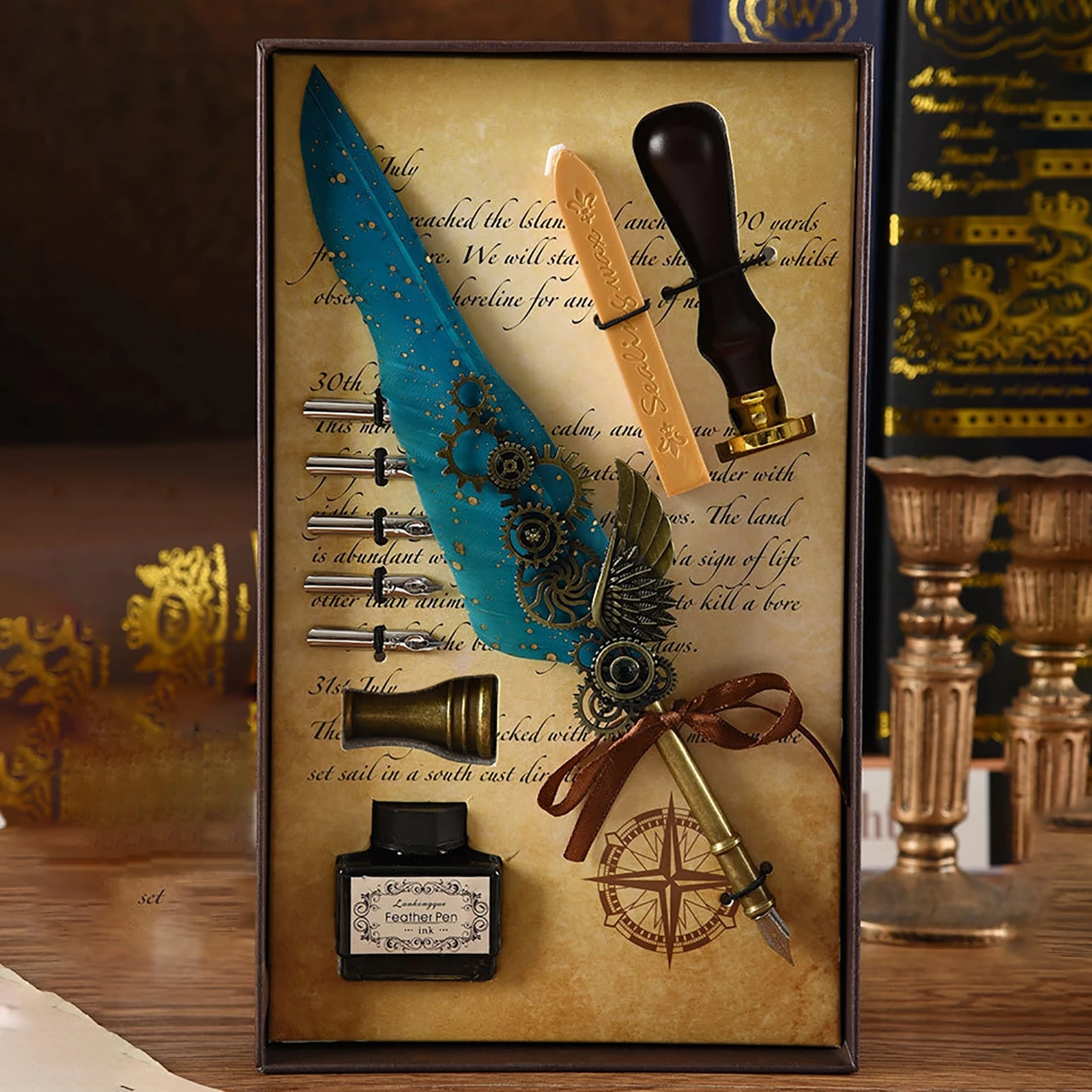 

Feather Dip Pen Kit Antique Retro Wooden Dip Pen Set Classic Wax Seal Stamp Kit For Calligraphy Art Words Gifts School Office
