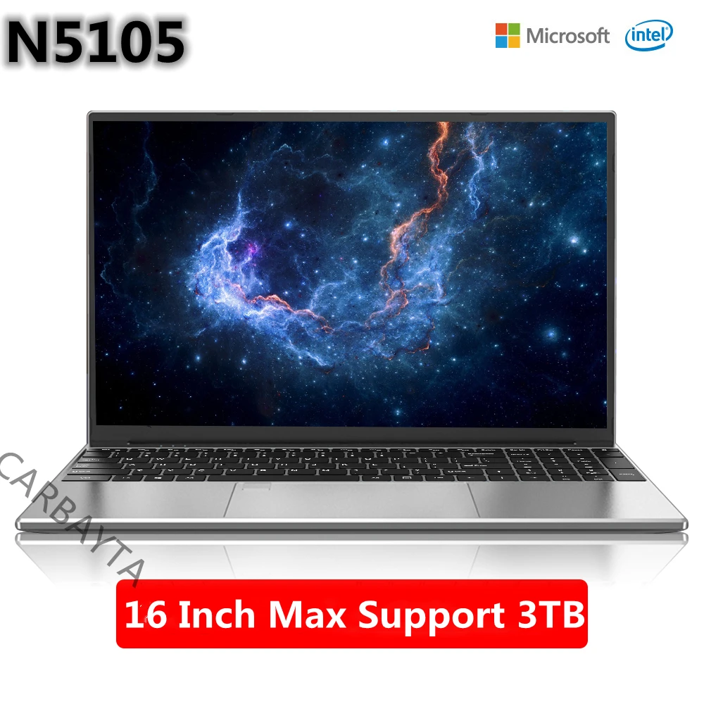 CARBAYTA  16 Inch Laptop Intel N5105 Windows 10 11 Pro  Ram 12GB Rom Max 3TB SSD Computer 2.4G 5G Wifi Bluetooth Gaming Laptop