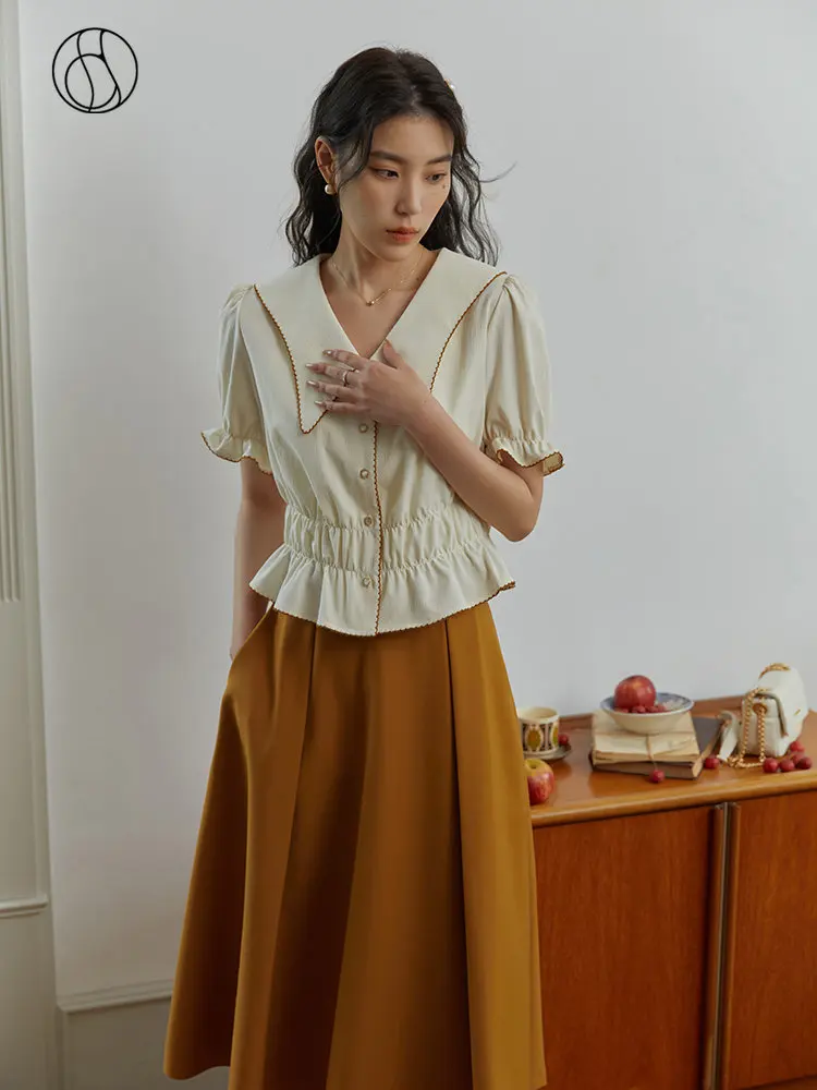 

DUSHU French Retro Peter Pan Collar Short Shirt for Women Summer Chic Sweet Puff Sleeve Age-reducing Thin Top Shirt Female