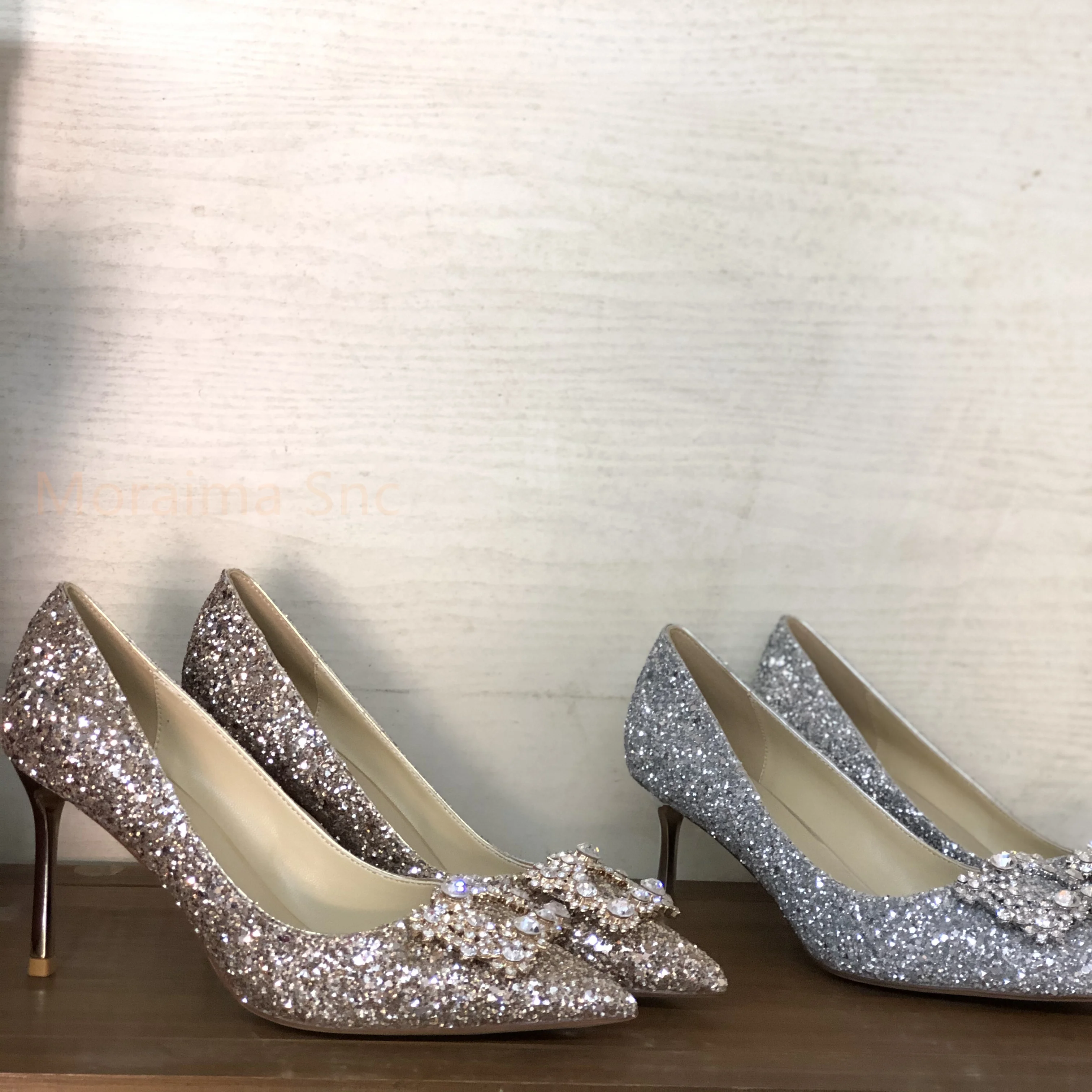 Bling Bling High Heels Wedding Shoes for Women Bride Silver Gold Stiletto Pointed Toe Slip-On Party Banquet Shoes Ladies Pumps