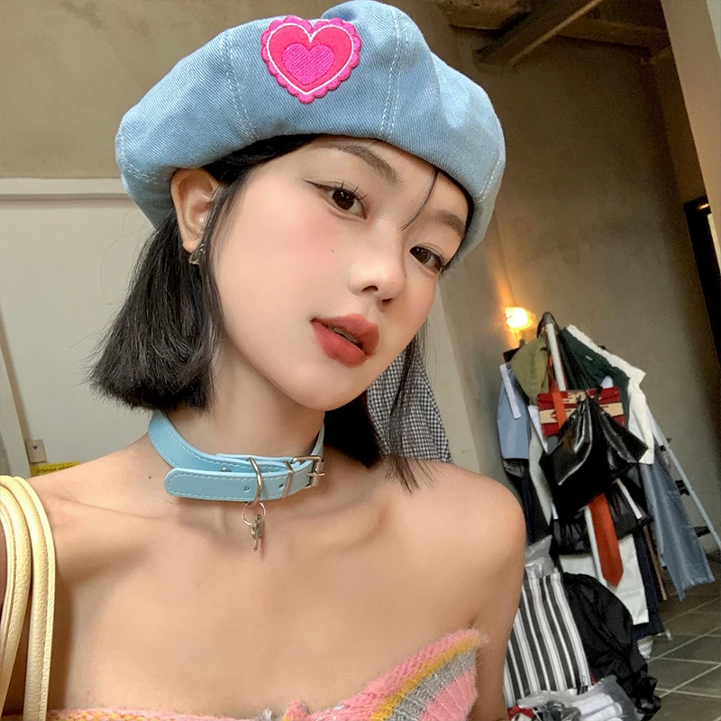 

2023 Denim Berets Hat Retro Casual Spring and Summer Shade Painter Cap Korean Love Blue Sweet Beret Kawaii Women's Hats