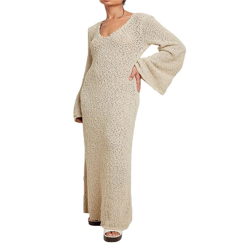 

Женское однотонное трикотажное длинное платье с круглым вырезом и длинным рукавом