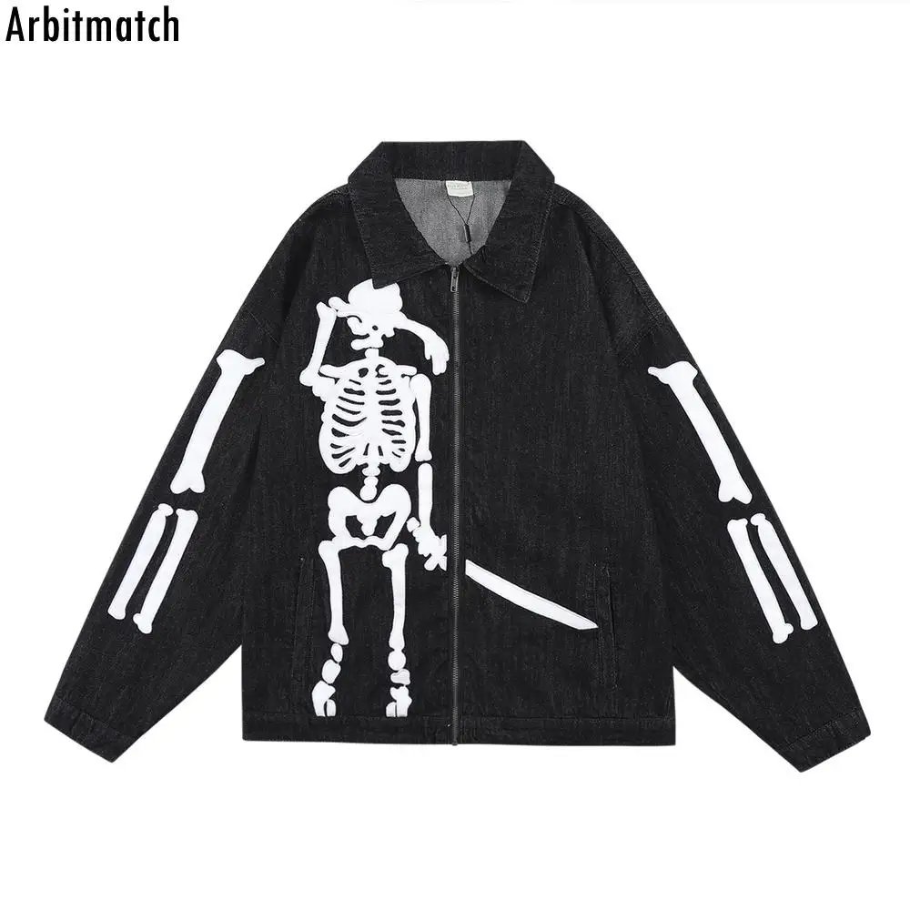 

Arbitmatch Fashion Denim Jacket Embroidered Funny Swordsman Skull Patchwork Denim Jacket Hip Hop Streetwear Fall Button Jacket