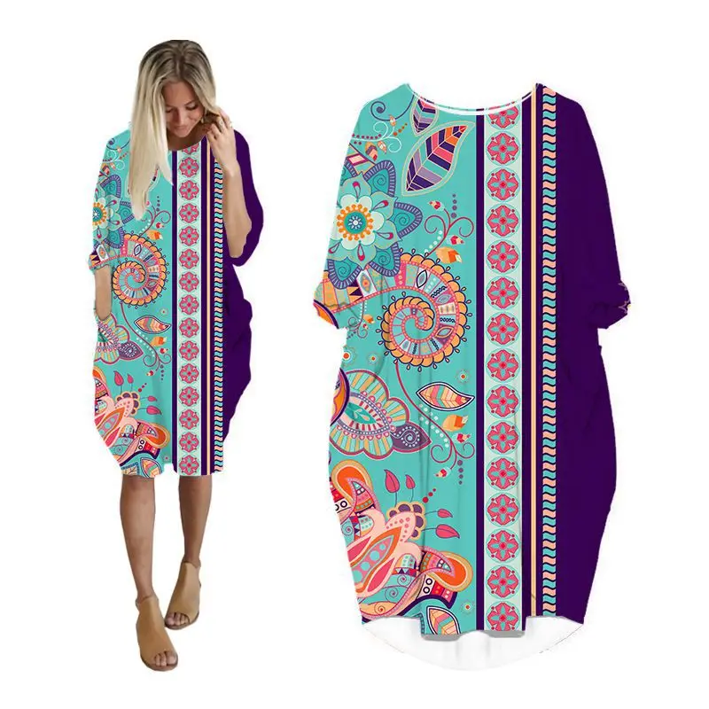 

midi dresses women bohemian print plus size fashion long sleeve woman clothes streetwear grunge ladies clothing female dress