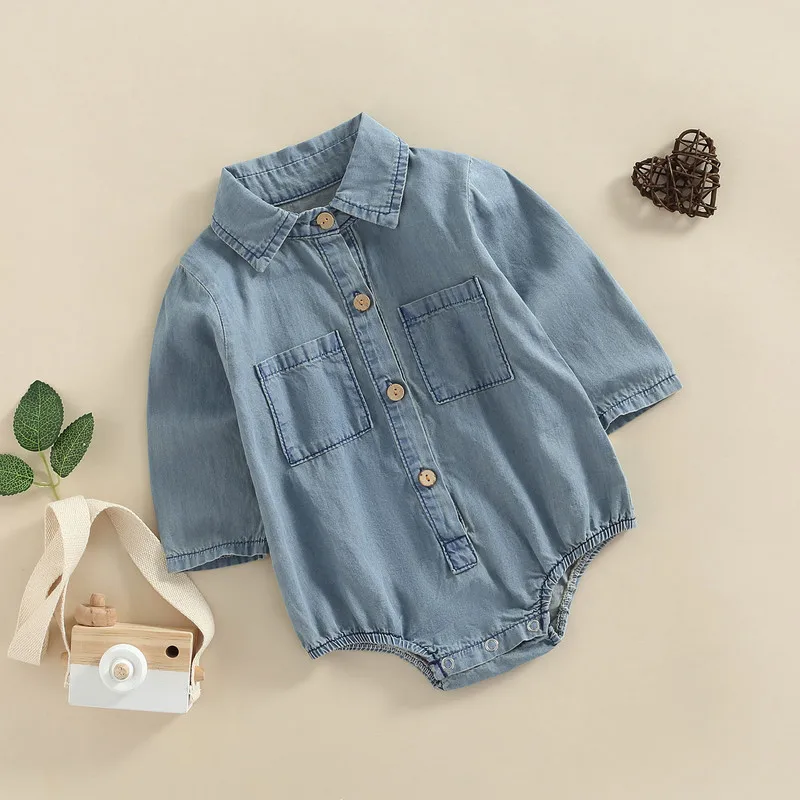 Newborn Baby Girl Long Sleeve Bodysuit Clothes Spring Fall 2022 Turn-Down Collar Button-Down Front Double Pockets Denim Jumpsuit