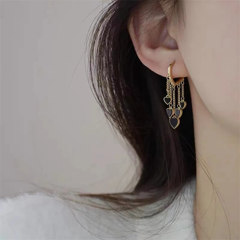 

Korean Trendy Geometirc Black Tassel Earrings Set For Women Resin Acrylic Zircon Heart Round Hoop Earrings aros Brincos Jewelry