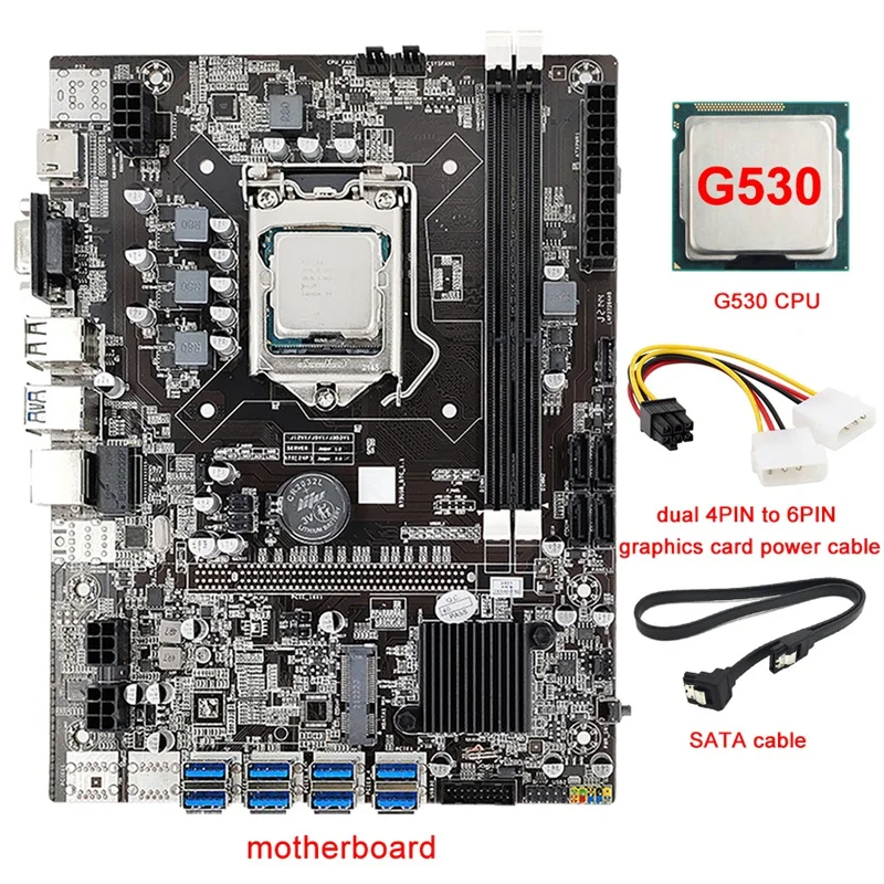 

B75 8 Card Mining Motherboard+G530 CPU+4PIN To 6PIN Power Cable+SATA Cable 8 USB3.0 (PCIE) Slot LGA1155 DDR3 SATA3.0 BTC