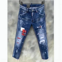new tattered paint stitching mens slim stretch jeans light blue embroidered motorcycle pants 9125