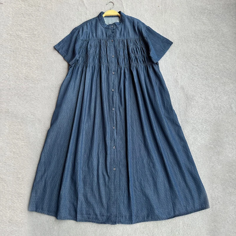 

Женское джинсовое платье с карманами Johnature, свободное простое платье в японском стиле, с круглым вырезом и плиссировкой, в горошек, с карманами, для лета, 2023