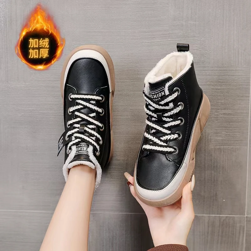 2022 New Winter Women Ankle Boots Warm Plush Woman Vulcanized Shoes PU Walking Sneakers Casual Flats Lace Up Ladies Snow Shoes
