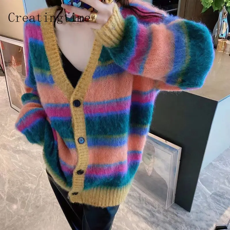 

Rainbow Stripes Hit Color Patchwork Mohair Cardigans For Women's 2022 Autumn Winter New V-neck Loose Trend Sweaters Female 1A229