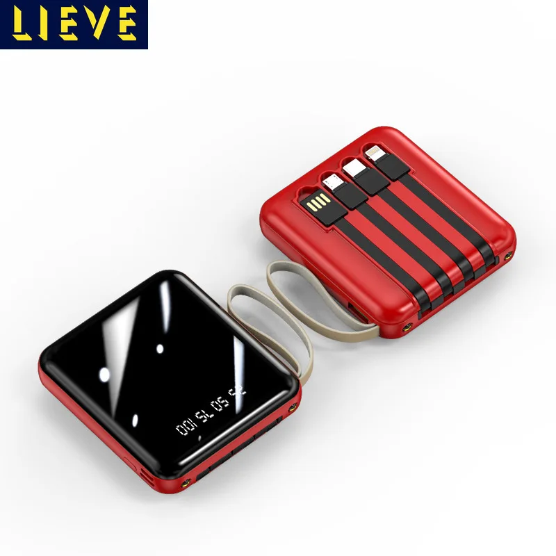 

Mini Portable Power Bank Large Capacity 20000mAh Built-in 4 Data Cables and Small Power Bank with Digital Display