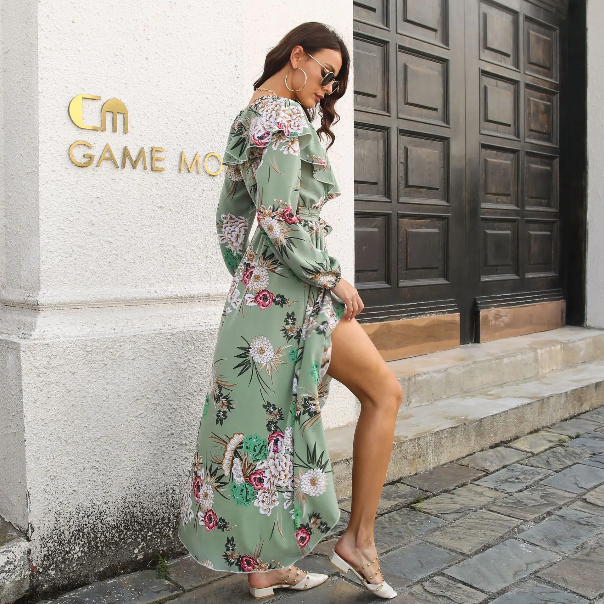 Ruffle Collar Lantern Sleeve Long Sleeve Dress Floral Wrapped Split Swing Long Dress