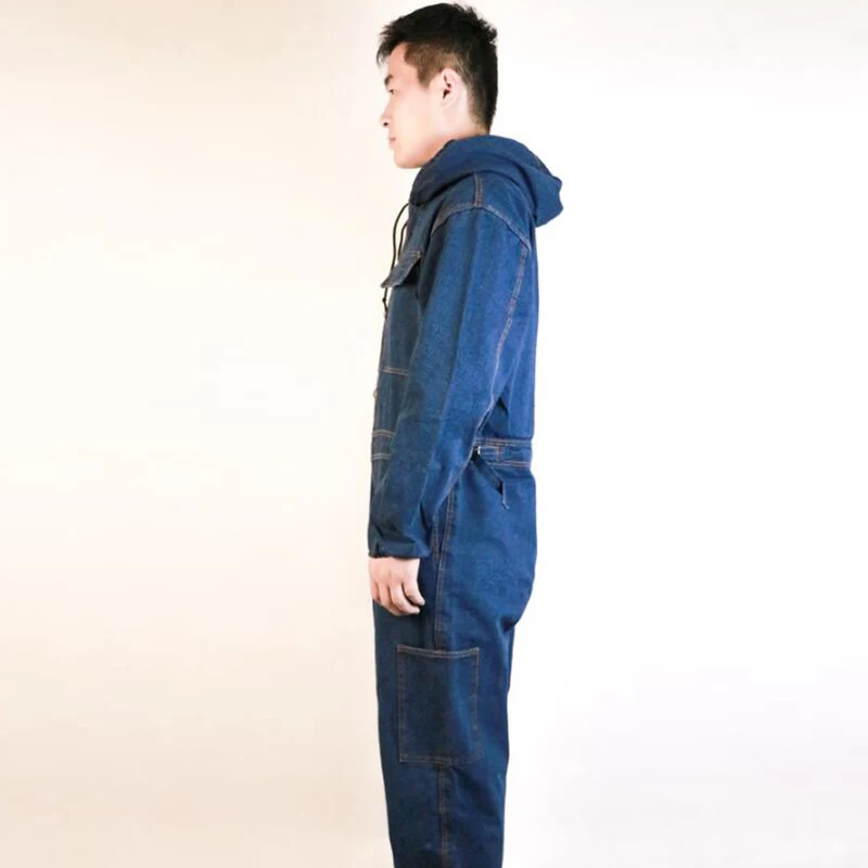 Unisex One-piece Overalls Denim Thicken Jeans Jumpsuit   Hooded Dust-proof Anti-fouling Overall Work Wear Cargo Pants S-4XL