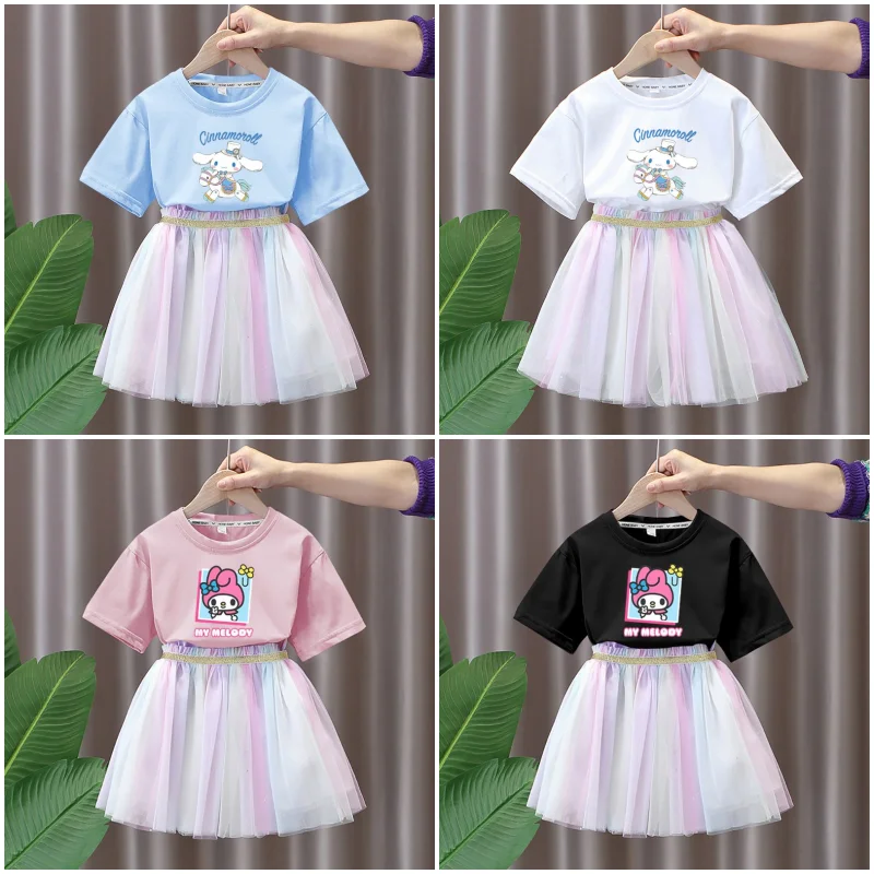 

Sanrios Cinnamoroll My Melody аниме Мультяшные топы для девочек одежда с коротким рукавом Футболка с коротким рукавом газовая юбка костюм