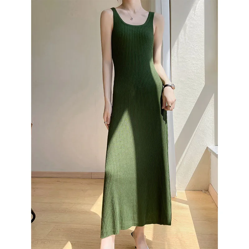 

Women's T-shirt long summer new sweater sleeveless casual solid color knitwear ladies Tops round neck with long slim suspenders