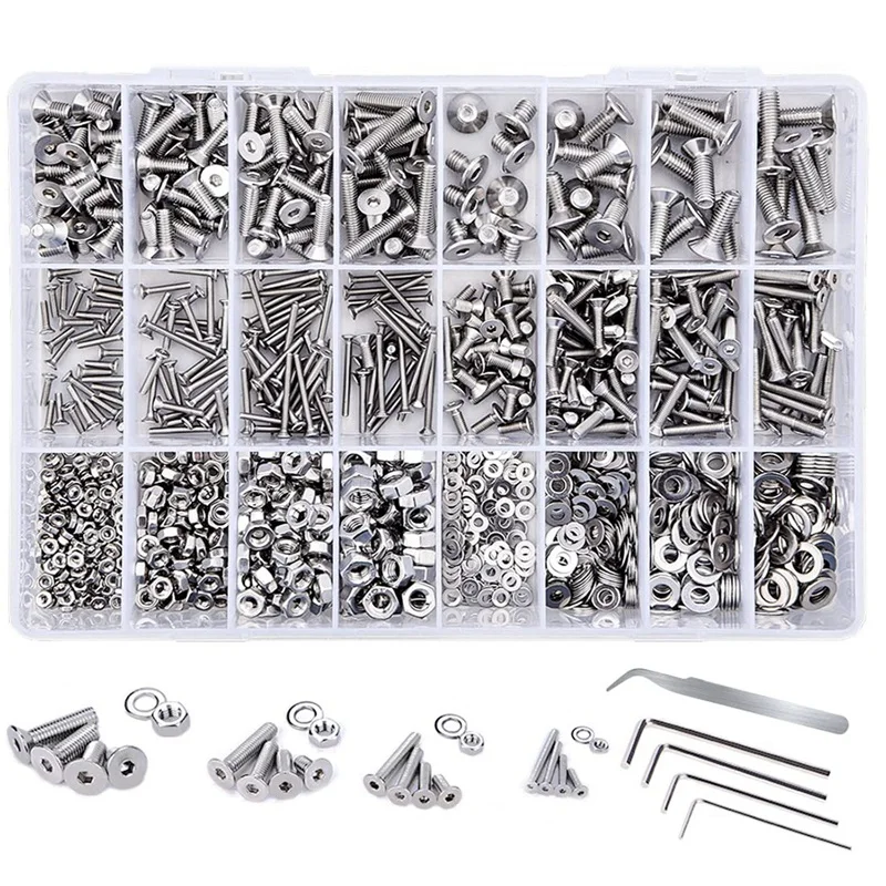 

1230PCS M2 M3 M4 M5 304 Stainless Steel Machine Screw Bolt Assortment Set With Hex Socket Flat Head Cap Screws