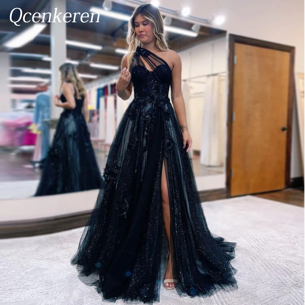 

One Shoulder Glitter Prom Dress With Tulle and Sequins Princess A Gown Sweep Train Sparkly Evening Dresses of Women 2022