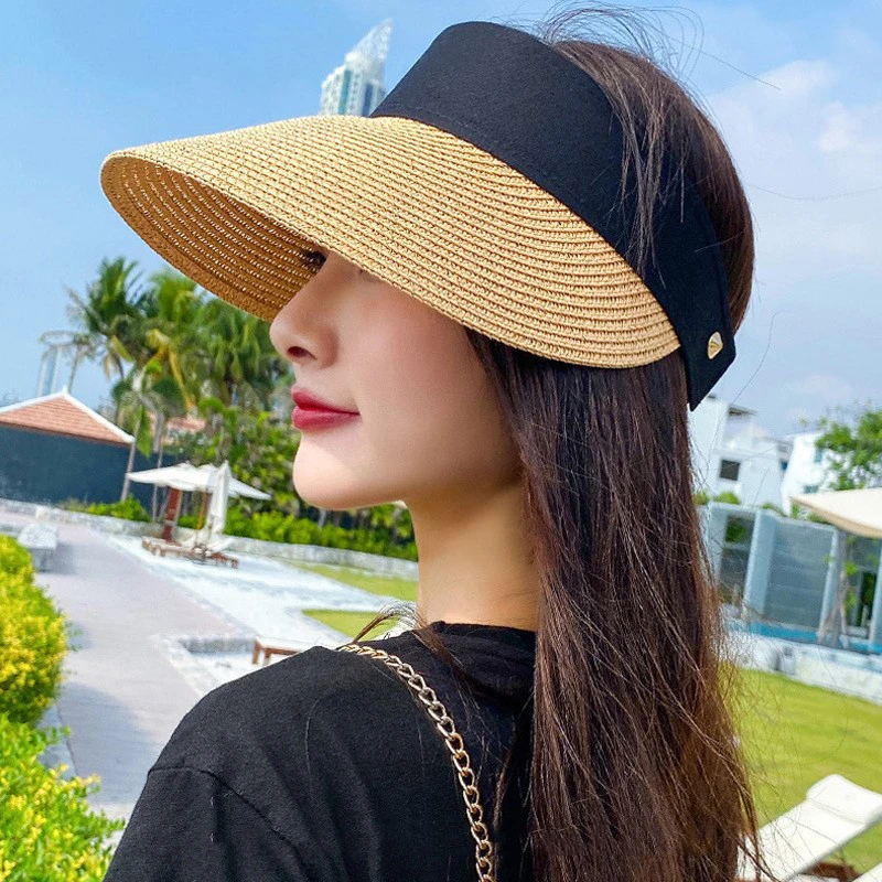 

New Summer Empty Top Women Straw Hat Wide Brim Visor Sun Hats Female Outing Holiday Travel Caps Adjustable Beach Cap