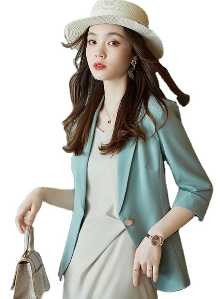 Fashion Blazer Women Single Button Half Sleeve Jacket Work Wear Keep Slim Office Lady Elegant Coat Outwear