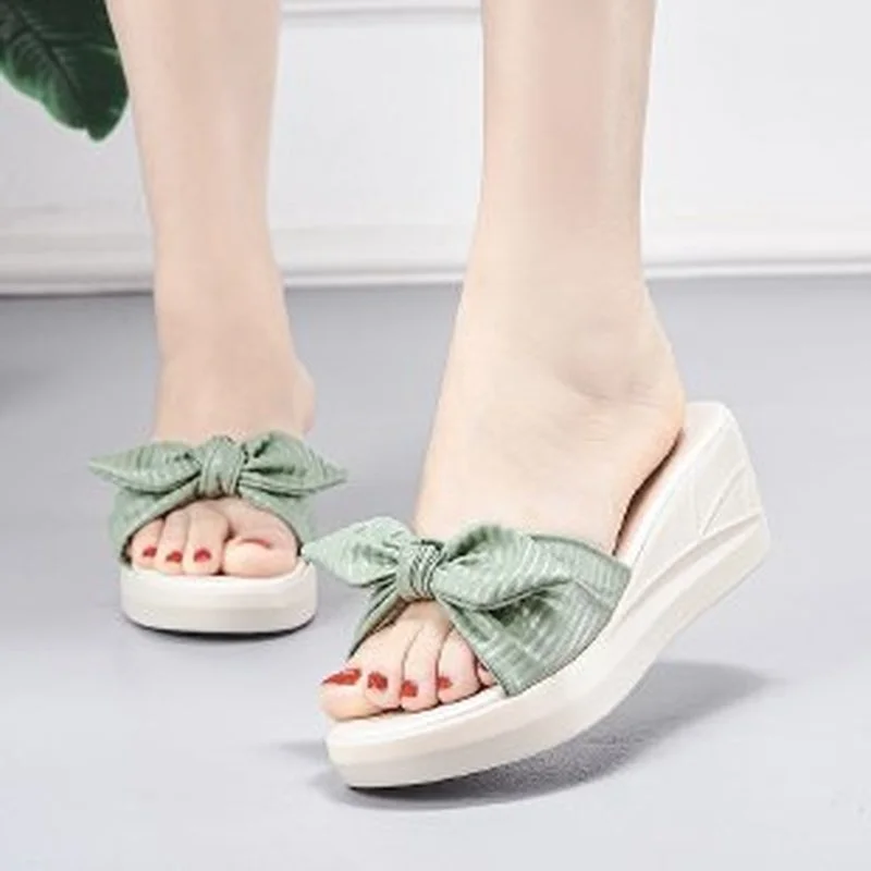 

Women Slippers 2022 Summer Platform Wedges Mid Heels Bow Tie Peep Toe Fashion Slides Beach Outdoor slippers