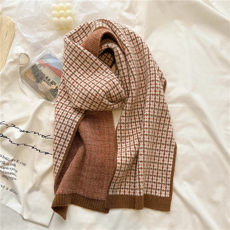 

Fashion Korean Style Knitted Winter Warm Women Scarf Skinny Elastic Woolen Yarn Neckerchief Student Soft Plaid Bufanda 2022